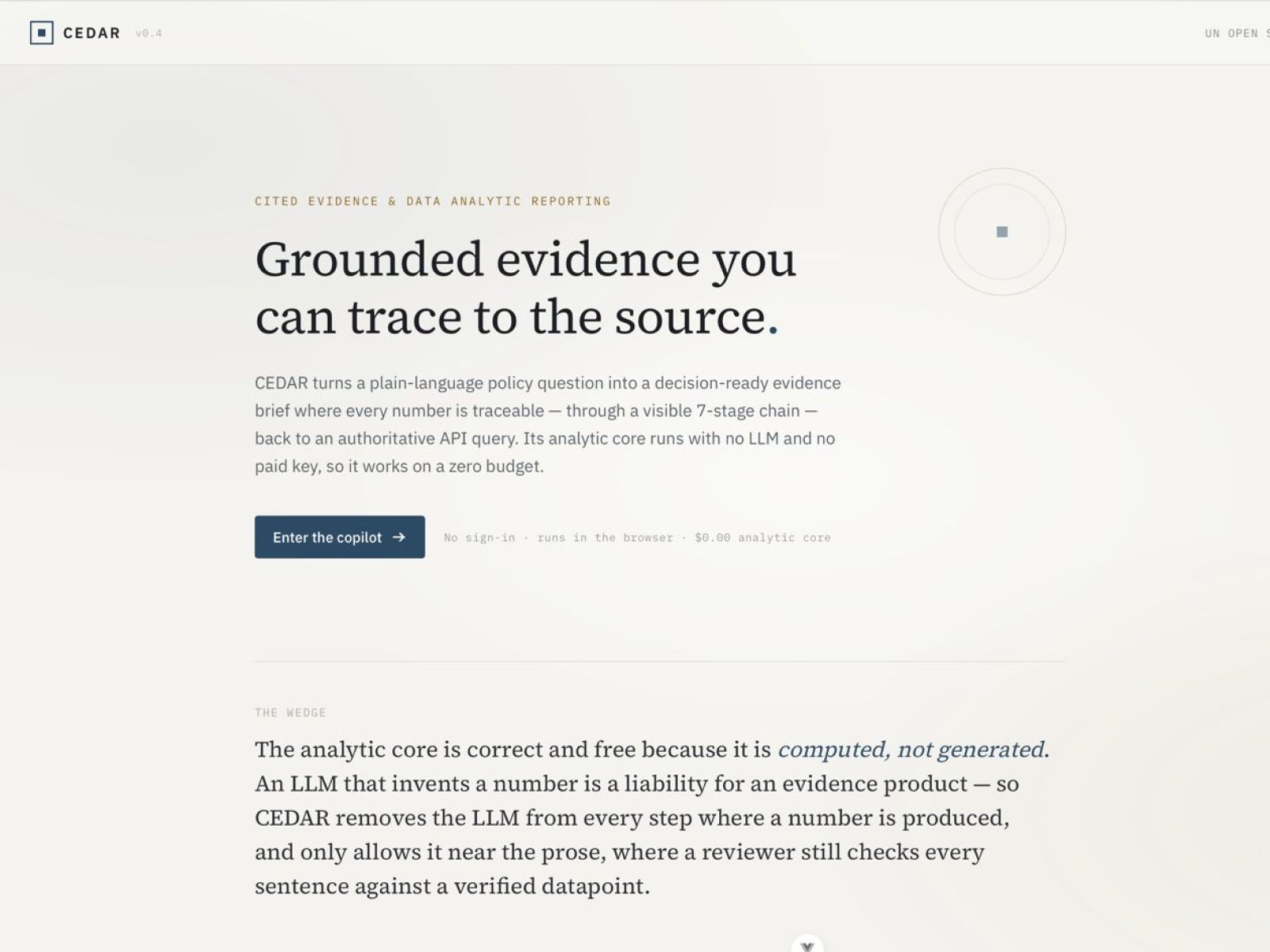 Página de inicio de CEDAR sobre informes basados en evidencia verificable