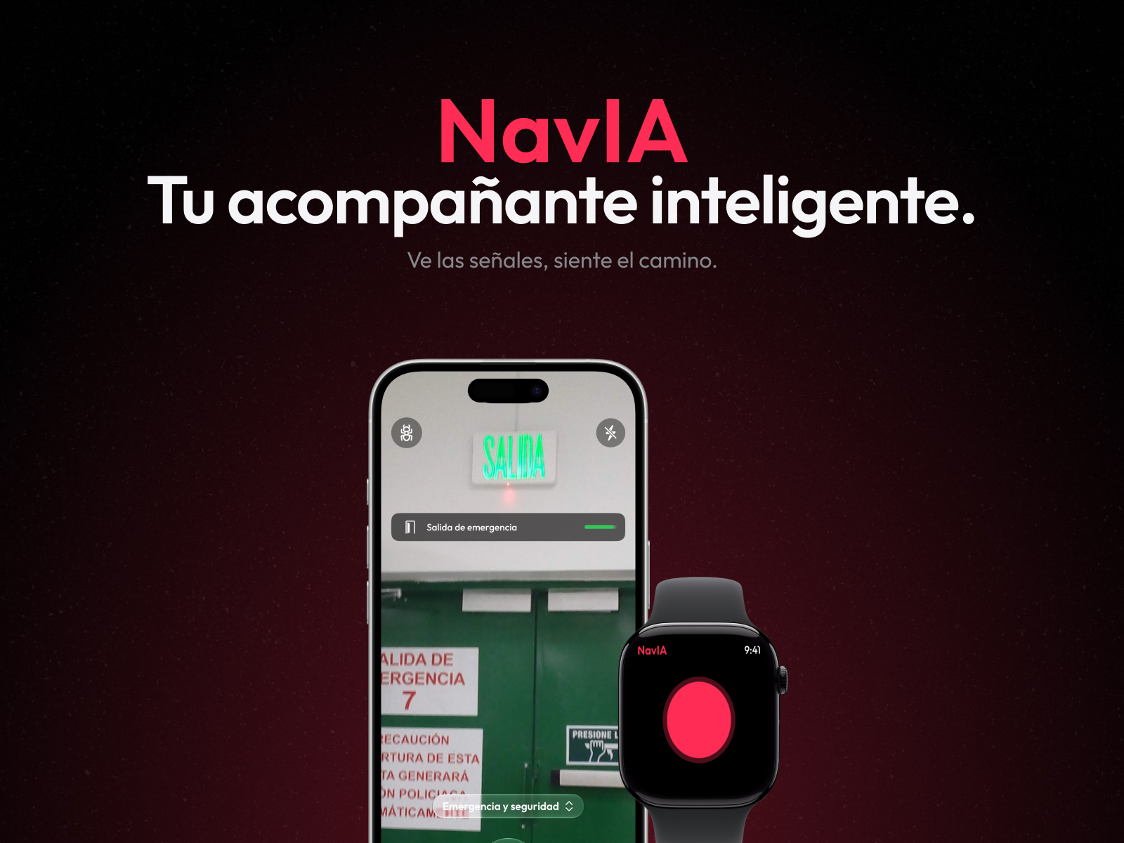 Promoción de NavIA con un iPhone que reconoce un letrero de salida de emergencia y un Apple Watch que muestra una alerta