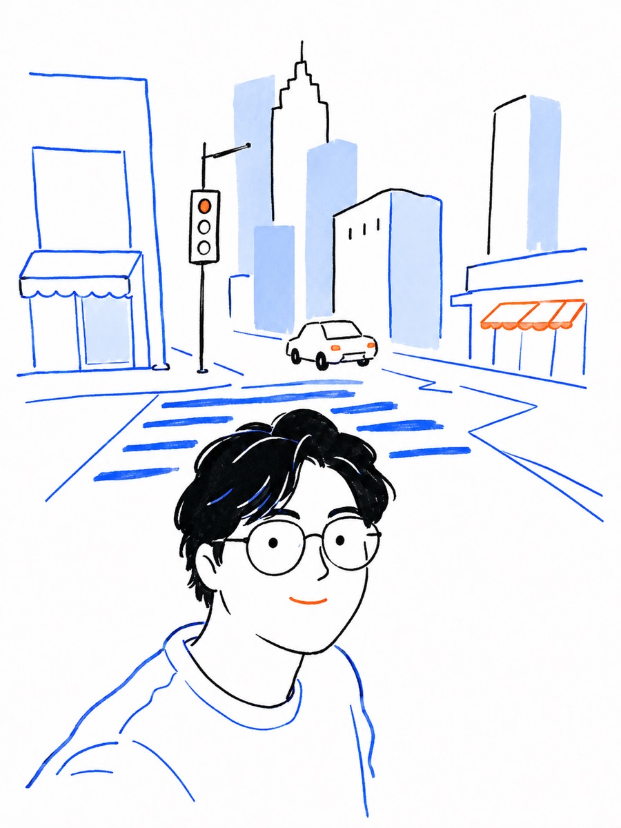 Ilustración de Alejandro con lentes redondos frente a una calle con edificios